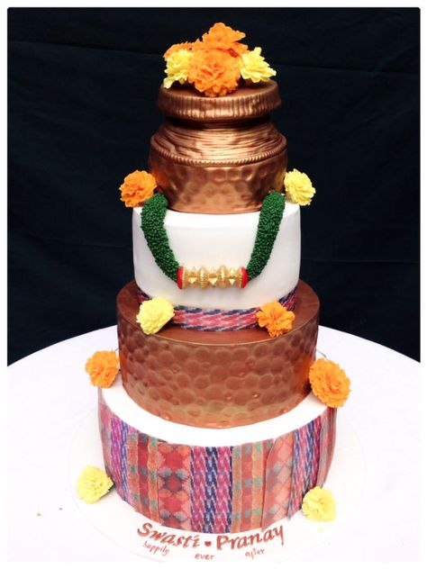 Nepali theme wedding cake  by Homebaker - http://cakesdecor.com/cakes/303985-nepali-theme-wedding-cake Nepali Wedding Decorations, Newari Wedding, Saree Cake, Nepal Wedding, Nepali Wedding, Themed Baking, Bakery Art, Art Cakes, Small Backyard Wedding