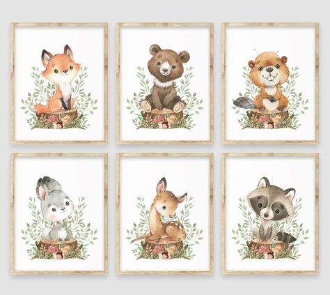 Nursery Wall Decor Neutral, Wall Decor Neutral, Nursery Decor Woodland, Forest Animal Nursery, Grey Nursery Decor, Woodland Animal Art, Neutral Nursery Decor, Nursery Frames, Nursery Pictures