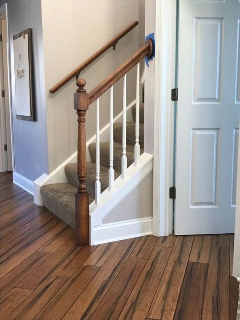 Banister Makeover, Painted Banister, Painted Stair Railings, Banister Remodel, Stair Railing Makeover, General Finishes Gel Stain, Diy Stair Railing, Paint With Water, Stair Banister