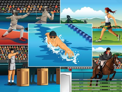 What Is a Modern Pentathlon?  #DEMYSTIFIED  #EncyclopaediaBritannica Logos, Modern Pentathlon, Fitness Vector, Ancient Olympic Games, Basketball Background, Pentathlon, Indoor Arena, Soccer Stadium, American Football Jersey