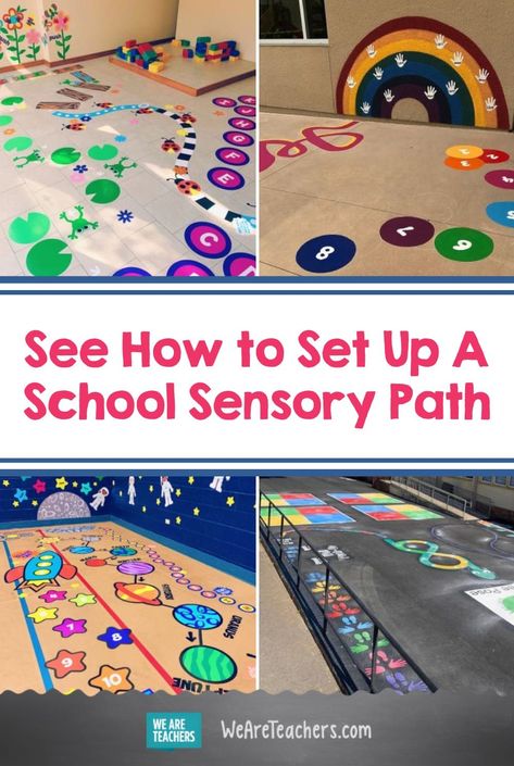 Everything You Need to Know About Setting Up A School Sensory Path. Add a sensory path to your playground or hallway to give kids a place to take a brain break and work out the wiggles. Regulation Room Ideas, Floor Sensory Path, Preschool Floor Activities, Sensory Walks In School, Sensory Activities Classroom, Hallway Activities For Preschool, Sensory Classroom Activities, Sensory Room Classroom, Cricut Sensory Path