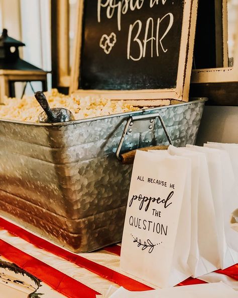 All because he popped the question All Because He Popped The Question, Movie Night Engagement Party, Popcorn Bar Wedding Receptions, Wedding Reception Popcorn Bar, Popped The Question Engagement, Snack Mix Bar, Burger Station, Wedding Snack Bar, Wedding Popcorn Bar