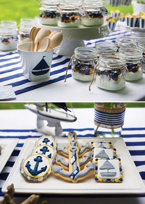 Fresh Granola, Nautical Baby Shower Food, Blueberry Parfait, Anchor Cookies, Nautical Baby Shower Boy, Anchor Birthday, Sailing Party, Babyshower Decor, Shower Food Ideas