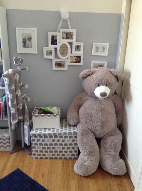 Elephant, grey and blue themes nursery.  Elephant chest, large plush bear from costco, elephant coat hanger Giant Teddy Bear Bedroom, Big Bear Stuff Animal, Huge Teddy Bear Aesthetic, Huge Teddy Bear In Room, Boneka Teddy Bear Big, Costco Bear, Teddy Nursery, Huge Teddy Bears, Elephant Themed Nursery