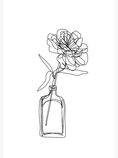 Black And White Peony, Jar Drawing, Flower Line Drawing, Flower In Vase, Carnation Tattoo, Line Art Flowers, Flower Line Drawings, Flowers In Vase, Single Line Drawing