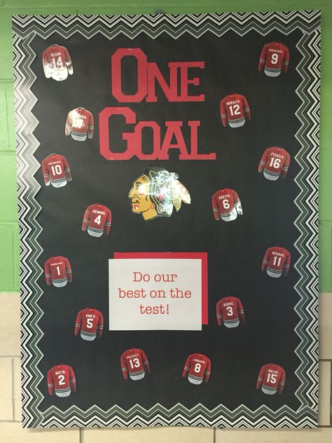 Blackhawks testing week positive thoughts bulletin board Hockey Bulletin Board Ideas, Team Bulletin Board, Office Bulletin Boards, Hockey Crafts, Class Door, Bulletin Board Ideas, Daycare Ideas, Classroom Bulletin Boards, Classroom Theme