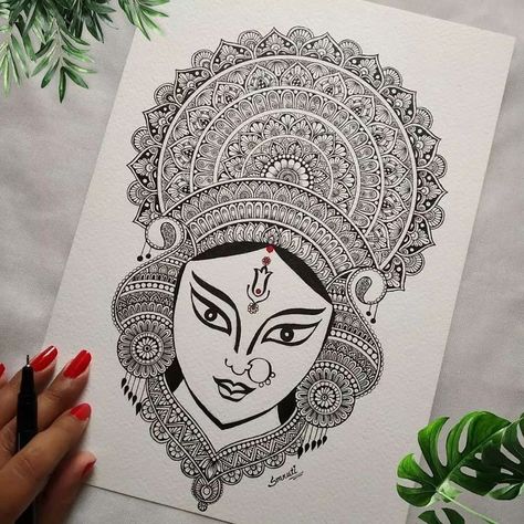 Hindu God Art Drawing, Drawing Of Durga Maa, Durga Drawing Art, Durga Puja Drawing, Durga Maa Drawing, Ganesh Mandala, Durga Drawing, Durga Maa Paintings, Simple Mandala Design