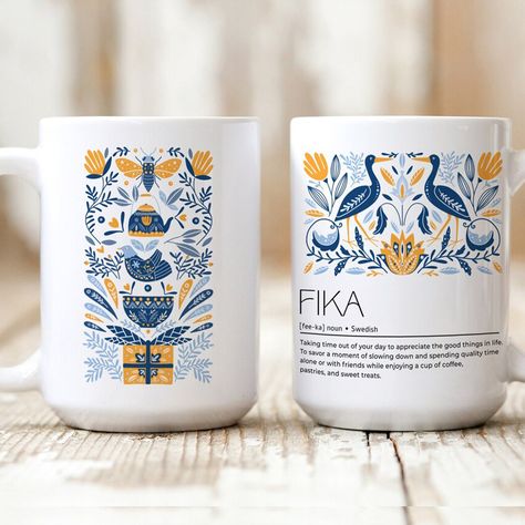 "We all need some calm and peace in our lives. Let this stunning mug featuring a Scandinavian folk art image with the definition of the Swedish word \"Fika\" act as your daily reminder. ♥ See more from our Scandinavian Collection https://etsy.me/3FtROCT  ♥ Visit our Store Front https://etsy.me/3hytNvI  Fika: Taking time out of your day to appreciate the good things in life. To savor a moment of slowing down and spending quality time alone or with friends while enjoying a cup of coffee, pastries, Graphic Mug Design, Mug Graphic Design, Typo Shop Mugs, Scandinavian Mug, Coffee Pastries, Mug Souvenir, Mug Print, Cool Coffee Mugs, Printed Mugs