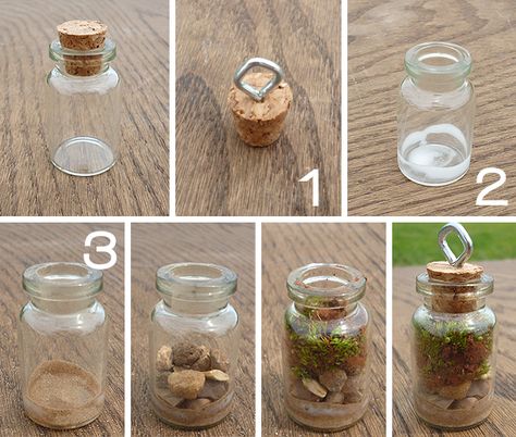 Terrariums are all the rage right now and projects for them are popping up all over the interne... Mini Terrarium, Tiny Jars, Terrarium Jewelry, Mini Glass Bottles, Mini Bottle, Mini Jars, Miniature Bottles, Bottle Jewelry, Bottle Charms