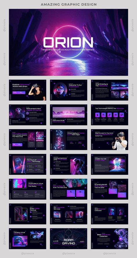 Orion – Metaverse & Virtual Reality Presentation Templates has a professional, ultra-modern and unique design, where each slide is created with love and attention to detail. So, Grab it Fast! 😀 Modern Powerpoint Design, Technology Design Graphic, Virtual Reality Design, Ui Design Dashboard, Presentation Slides Design, Presentation Deck, Powerpoint Layout, Trifold Brochure Design, Proposal Design