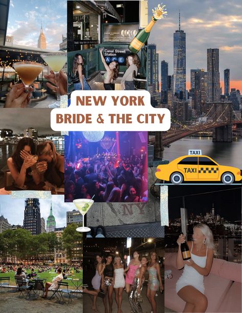 Inspo for bachelorette trip. New York Bachelorette trip #brideandthecity #bacheloretteinspo #bachcity Nyc Bride, City Bachelorette Theme, Bride And The City Bachelorette, New York Bachelorette, Nyc Bachelorette Party Theme, Nyc Bachelorette, Classy Bachelorette Party Ideas Themes, New York Bachelorette Party, Bachelorette City Ideas