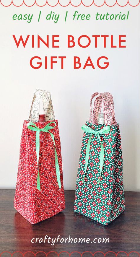 Wine Bag Diy, Fabric Wine Bottle Bag, Wine Bag Pattern, Fabric Wine Bags, Wine Gifts Diy, Holiday Wine Bottles, Simple Sewing Tutorial, Wine Bottle Gift Bag, Wine Bottle Bag