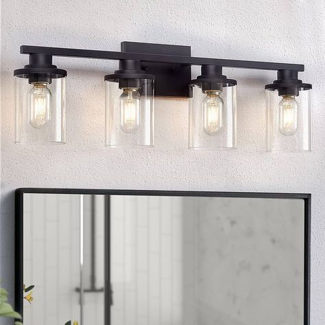 Modern Farmhouse Bathroom Lighting, Vanity Lighting Over Mirror, Black Bathroom Light Fixtures, Bathroom Lights Over Mirror, Black Bathroom Light, Bathroom Vanity Light Fixture, Vanity Lights Bathroom, Black Vanity Bathroom, Matte Black Bathroom