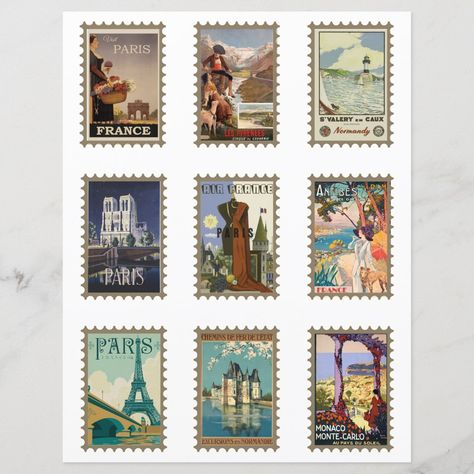 French Stamps Vintage, Vintage Postage Stamp Art, Trip Collage, Vintage Junk Journal Ideas, London Stamp, Vintage Travel Stickers, Paris Stamp, Stamp Poster, Faux Postage Stamps