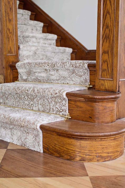 Stair Runner Carpet Updates - A Beautiful Mess Art Deco Stair Runner, Stair Runner Wood Stairs, Staircase Runner With Rods, Staircase Design Carpet, Victorian Stair Runner, Staircase With Carpet Runner, Hardwood Stairs With Runner, Staircase With Carpet, Stair Runners Ideas