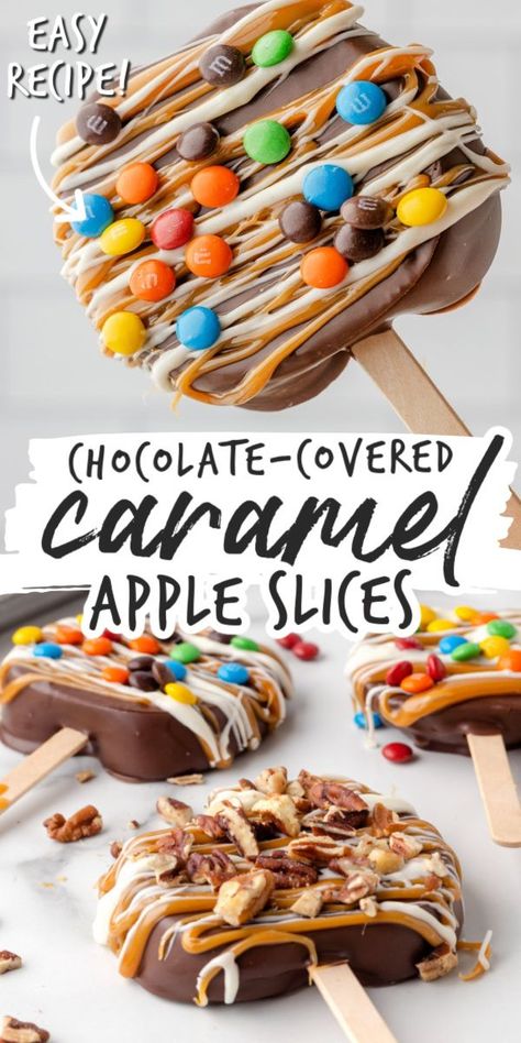 chocolate covered caramel apple slices on popsicle sticks, decorated with candy and nuts Caramel Apple Slices, Caramel Apples Recipe, Dessert Oreo, Thanksgiving Menu Ideas, Halloween Food Treats, Thanksgiving Menu, Halloween Desserts, On A Stick, Halloween Food For Party