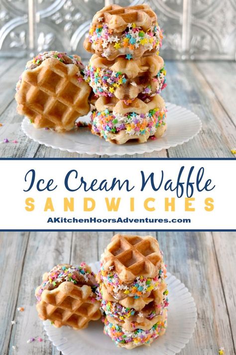 Liege style waffles are slightly sweet and hearty enough to make Ice Cream Waffle Sandwiches.  Fill them with your favorite ice cream for a delicious summer treat. #SummerDessertWeek via @akitchenhoor Ice Cream Breakfast Ideas, Ice Cream Breakfast, Breakfast Ice Cream, Pancake Recipies, Waffle Hacks, Waffles And Ice Cream, Ice Cream Sandwich Dessert, Waffle Snacks, Waffle Sandwiches