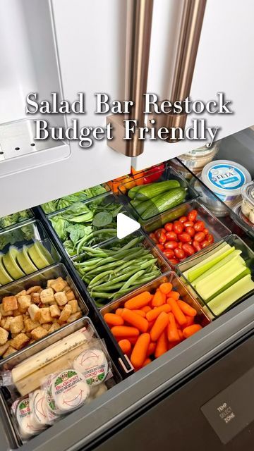 Micah Enriquez on Instagram: "Yes, you can unbig your back on a budget 🤩  #fridgeorganization #fridgerestock #restock #saladbar #foodie #organizedhome #kitchenorganization #creatorsearchinsights #saladbarinfridge #restockasmr #aldi #aldifinds #organizedfridge #healthymealideas #mealprep" Salad Bar Fridge Drawer, Fridge Drawer Salad Bar, Healthy Stocked Fridge, At Home Salad Bar In Fridge, Salad Bar In Fridge Drawer, Fridge Salad Bar Ideas, Refrigerator Salad Bar, Fridge Salad Bar, At Home Salad Bar