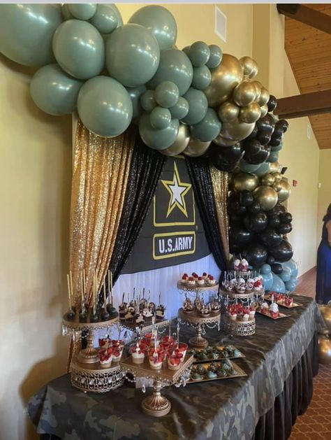 Army Promotion Ceremony Ideas, Army Ship Out Party, Going To The Army Party, Welcome Back Army Party, Basic Training Send Off Party, Army Navy Game Party, Soldier Welcome Home Party, Army Balloon Decorations, Veteran Party Ideas