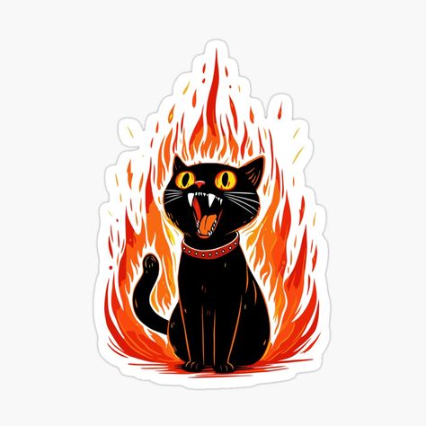 Get my art printed on awesome products. Support me at Redbubble #RBandME: https://www.redbubble.com/i/sticker/Black-Cat-On-Fire-by-Gkinoki/156235392.EJUG5?asc=u Halloween Sales Ideas, Aesthetic Stickers Random, Halloween Stickers Aesthetic, Sticker Pack Design, Fire Sticker, Black Cat Tattoos, Black Cat Sticker, 8bit Art, Cute Laptop Stickers