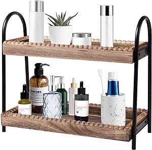 BDBDYEAY Bathroom Countertop Organizer, 2 Tier Vanity Organizer and Storage for Cosmetic Skincare Perfume, Wood Bead Storage Shelf for Bathroom Kitchen Coffee Station Bathroom Counter Organizer Ideas, Toiletry Drawer Organization, Bathroom Sink Counter Organization, Styling Bathroom Counter, Cosmetic Organizer Ideas, Bathroom Counter Storage Ideas, Organizing Bathroom Countertop, Tiered Tray Bathroom, Bathroom Countertop Decor Ideas