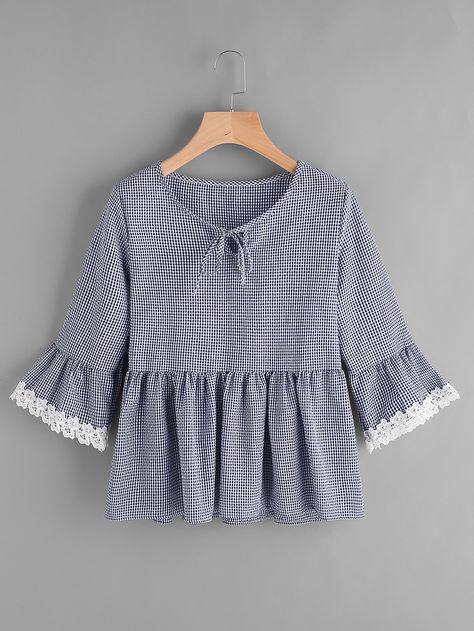 Gingham Bell Sleeve Lace Trim Smock Top -SheIn(Sheinside) Style Hijab Casual, Áo Blu, Fashion Tops Blouse, Kid Fashion, Mode Boho, Smock Top, Fashion Tops, Stylish Dresses, Bell Sleeve