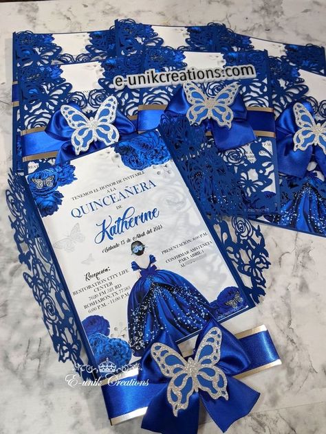 Royal Blue Quince Invitations Butterfly, Blue 15 Invitations, Royal Blue 15 Invitations, Royal Blue And Silver Quince Invitations, Quince Dresses Royal Blue Butterfly, Qencenera Ideas Royal Blue, Royal Blue Cake Quinceanera With Butterflies, Royal Blue Invitations Quinceanera, Royal Blue And Gold Quince Invitations