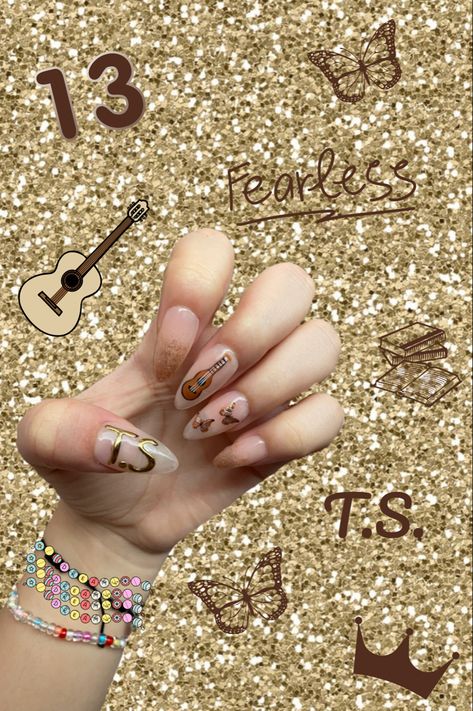 Taylor Swift Fearless Era Nails, Eras Tour Nail Ideas Fearless, Eras Tour Nails Fearless, Taylor Swift Nails Acrylic, Fearless Era Nails, Fearless Nails Taylor Swift, Taylor Swift Themed Nails, Taylor Swift Eras Tour Nail, Fearless Nails