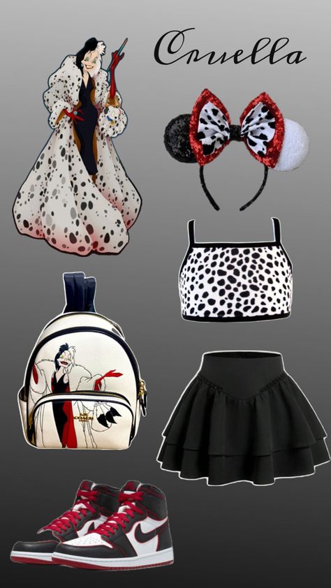 #Cruella #Disney #Inspo Cruella Deville Disneybound, Disney Villain Inspired Outfits, Disney Villain Outfit Ideas, Cruella Deville Inspired Outfit, Disney Bound Outfits Villians, Disneyland Dress, Disney Bound Outfits Casual, Cruella Deville, Disney Themed Outfits