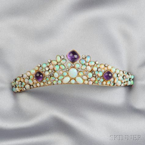 Antique 18kt Gold, Opal, and Amethyst Hair OrnamenT Opal Tiara, Amethyst Tiara, Amethyst Hair, Diamond Tiara, Royal Jewels, Royal Jewelry, Crown Jewels, Tiaras And Crowns, Hair Ornaments