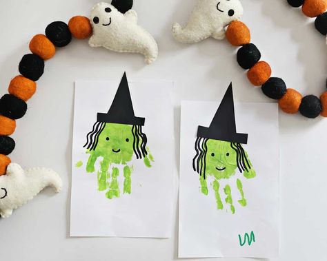 Witch Handprint Craft - Childhood Magic Witch Handprint, Spooky Music, Pumpkin Outline, Decorating For Halloween, Fingerprint Crafts, Snow Globe Crafts, Globe Crafts, Hanukkah Crafts, Cute Teacher Gifts