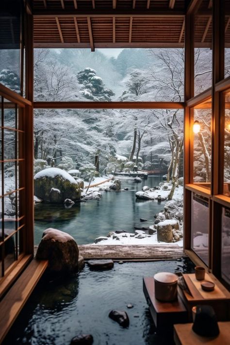 Japanese Onsen Outdoor, Japan Onsen Aesthetic, Japanese Country Home, Winter Hot Springs, Japanese Onsen Aesthetic, Home Onsen, Onsen Aesthetic, Japan Hot Springs, Snowy Japan