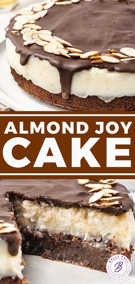 Almond Joy Cake Recipe - Belly Full Almond Joy Pie, Almond Joy Brownies, Almond Joy Cupcakes, Almond Joy Cake, Brownie Desserts Recipes, Coconut Filling, Almond Pound Cakes, Classic Candy, Almond Joy