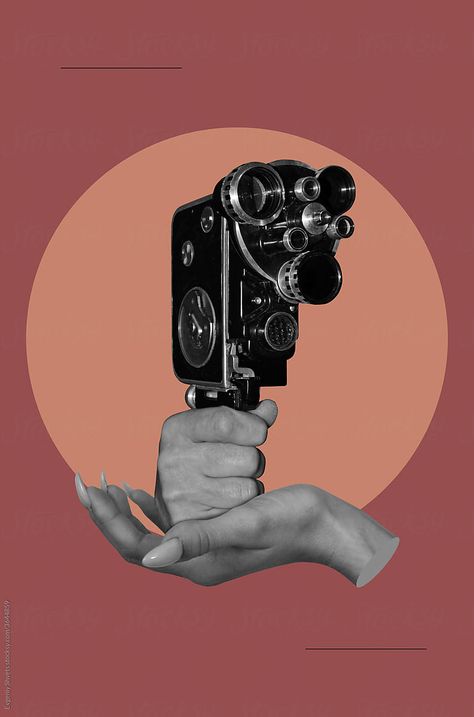 Camera Collage Art, Hand Holding Photo, Person Holding Camera, Hand Holding Camera, Camera Graphic Design, Cinema Collage, Vintage Camera Photos, Old Movie Camera, Movie Poster Collage