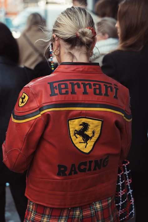 Street Style Shots: London Fashion Week Day 3 – PAUSE Online | Men's Fashion, Street Style, Fashion News & Streetwear Vintage Racing Jacket, Racer Jackets, Ferrari Jacket, Ferrari Red, Racing Jackets, Ferrari Racing, Racer Jacket, Racing Jacket, Fitness Bodybuilding