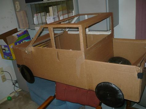 My daughter wanted to be a truck for Halloween so we used a cardboard box, paint, a lotta hot glue, some plastic cling wrap a pair of suspenders few other things and ta-da  we have a Chevy truck. How To Make A Car Out Of Cardboard, Cardboard Box Truck, How To Make A Cardboard Box Car, Cardboard Jeep, Cardboard Vehicles, Movie Drive In, Cardboard Box Cars, Cardboard Truck, Jeep For Kids