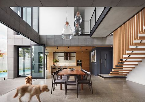 Quarry House - Picture gallery Quarry House, Double Space, Wood Slat Wall, Wood Stairs, Double Height, Terrazzo Flooring, Architect Design, Accent Walls, Bedroom Lighting