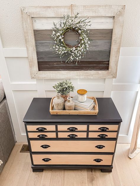 Black And Light Wood Dresser, Black And Tan Dresser Makeover, Black And Natural Wood Dresser, Small Dresser Makeover, Black And Wood Dresser, Black Dresser Makeover, 2 Tone Dresser Black And Wood, Wood Dresser Black Drawers, Wood Dresser Makeover