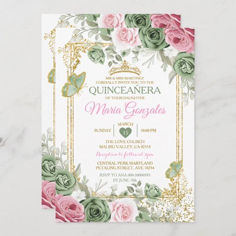 Sage Green QuinceaÃ±era Pink Gold Crown Butterfly Invitation Zazzle Sage Quince Invitations, Enchanted Forest Quince Invites, Sage Green Xv Invitations, Sage Green Enchanted Forest Quince, Sage Green And Silver Quinceanera Theme, Light Green Quince Invitations, Sage Quinceanera Invitations, Chambelanes Outfits Quinceanera Sage Green, Sage Green Tiara