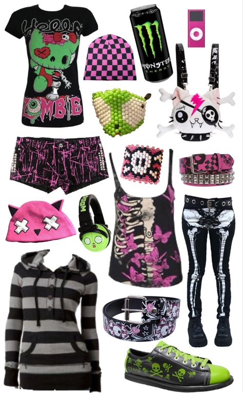 scene, scenecore, green, pink, outfits, inspiration, kawaii, rawr, XD Clothes, Collage, Emo Outfit Board, Emo Myspace, Rainbow Scene, Emo Outfit, Scene Aesthetic, Nyan Cat, Cute Emo