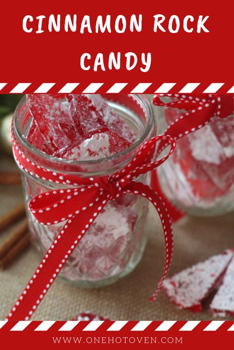 Sweet and spicy this Cinnamon Rock Candy make a great gift for the holidays or set out for a party. A delicious little candy nibble. #onehotoven #candy #cinnamon Cinnamon Rock Candy Recipe, Cinnamon Rock Candy, Rock Candy Recipe, Cinnamon Hard Candy, Hard Candy Recipes, Cinnamon Candy, Candy Recipes Homemade, Christmas Candy Recipes, Homemade Candies