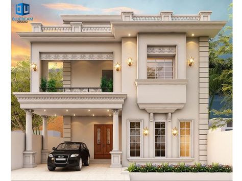 Modern front elevation, spanish style 10 Marla House Plan, Indian House Exterior Design, House Outer Design, Classical House, Small House Elevation, Small House Front Design, Two Story House, Classic House Exterior, Classic House Design