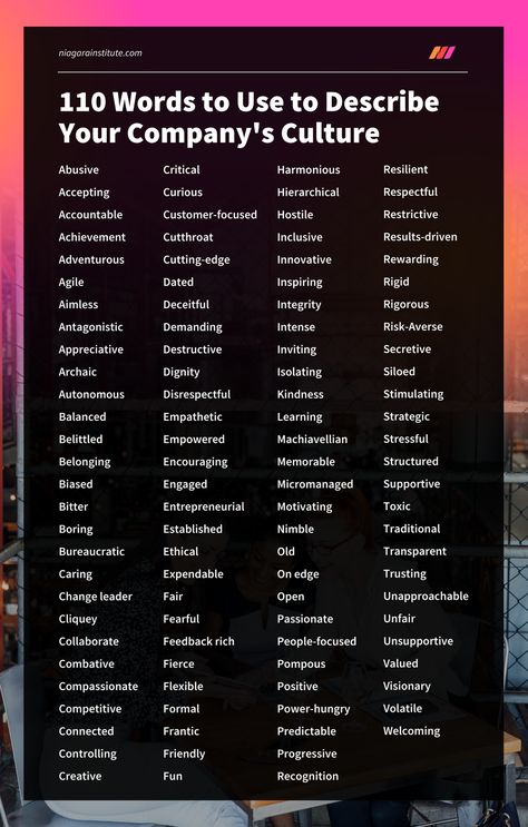 To gain insight from your team about your culture, use the lists of words to describe the work environment below and see which of these words they use to describe the team culture and what words they would like to be able to use in the future. Their input can expose what’s working well in the team’s culture and where improvements need to be made. Culture At Work, Corporate Language, Positive Work Culture, Business Language, Quarterly Planning, Screen Writing, Work Incentives, Business Communication Skills, Team Culture