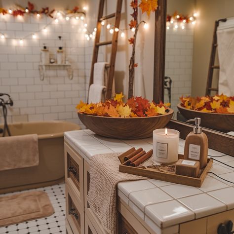 Bathroom Fall Decor Ideas 😍🧡🧡 Fall Aesthetic Bathroom, Autumn House Toca Boca, Fall Themed Bathroom, Bloxburg Autumn, Autumn Bathroom, Thanksgiving Dinner Table Setting, Fall Bathroom Decor Ideas, Teen Bathrooms, Fall Bathroom Decor