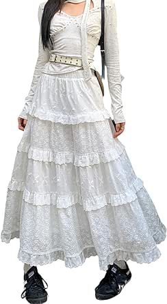 Skirts With Sweatshirts Outfit, White Ruffle Skirt Outfit, Long Flowy Skirt Outfit, Flowy Skirt Outfit, Ruffle Skirt Outfit, White Ruffle Skirt, Maxi Skirt White, Skirts Cute, Long Flowy Skirt