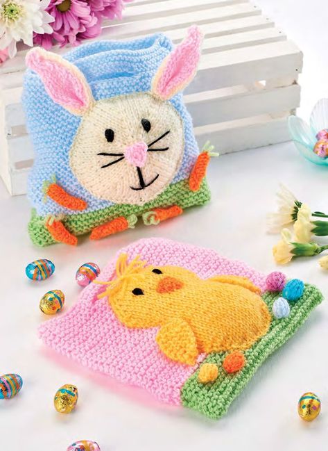 Quick Easter Gift Bags. An Easter egg hunt is sure to have your little ones excitedly leaping around like spring bunnies! Now they can keep their chocolate safe with these boldly coloured knitted bags by Nicola Valiji. #eastercrafts #easterkids Knitted Easter Crafts, Rabbit Knitting Pattern, Easter Swags, Bunny Knitting Pattern, Knitted Bunnies, Easter Gift Bags, Easter Bags, Diy Ostern, Christmas Knitting Patterns