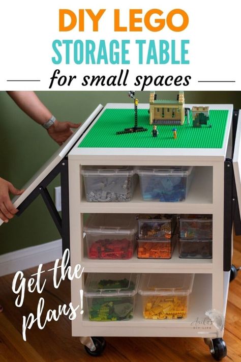 DIY Lego table with storage for small spaces. Perfect for older kids. Full tutorial, plans and video! #anikasdiylife Lego Table Small Spaces, Lego Storage Table For Older Kids, Small Lego Play Area, Diy Lego Tray With Storage, Foldable Lego Table, Small Space Lego Storage, Folding Lego Table, Small Lego Table, Homemade Lego Table