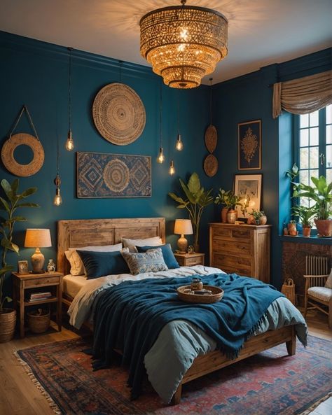 Jewel Tone Blue Bedroom, Teal Boho Bedroom Ideas, Blue Moroccan Bedroom, Moroccan Blue Bedroom, Bedroom Decor With Blue Walls, Dark Teal Boho Bedroom, Mineral Blue Bedroom, Dark Blue Master Room, Earthy Bedroom Blue