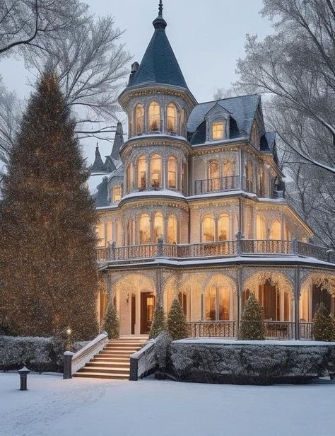 Winter And Christmas Scenery 🎅❄🎄❄�⛄❄🎁 | 🎄❤️ | Facebook Victorian Architecture, Fantasy House, Old Victorian Homes, Victorian Style House, Victorian Style Homes, Victorian Mansions, Cute House, Gothic House, Dream House Exterior