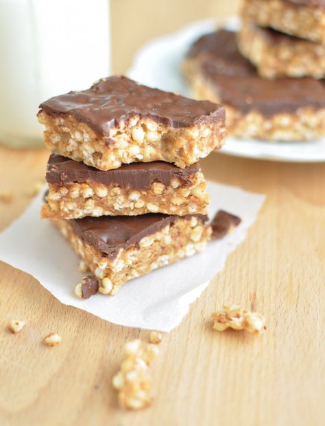 Peanut Butter, Dark Chocolate Treats - naturally sweetened, wholesome, healthy. Puffed Millet, Millet Recipes, Peanut Butter Chocolate Bars, Clean Eating Desserts, Healthy Peanut Butter, Melting Chocolate Chips, Peanut Butter Chocolate, Granola Bars, Millet